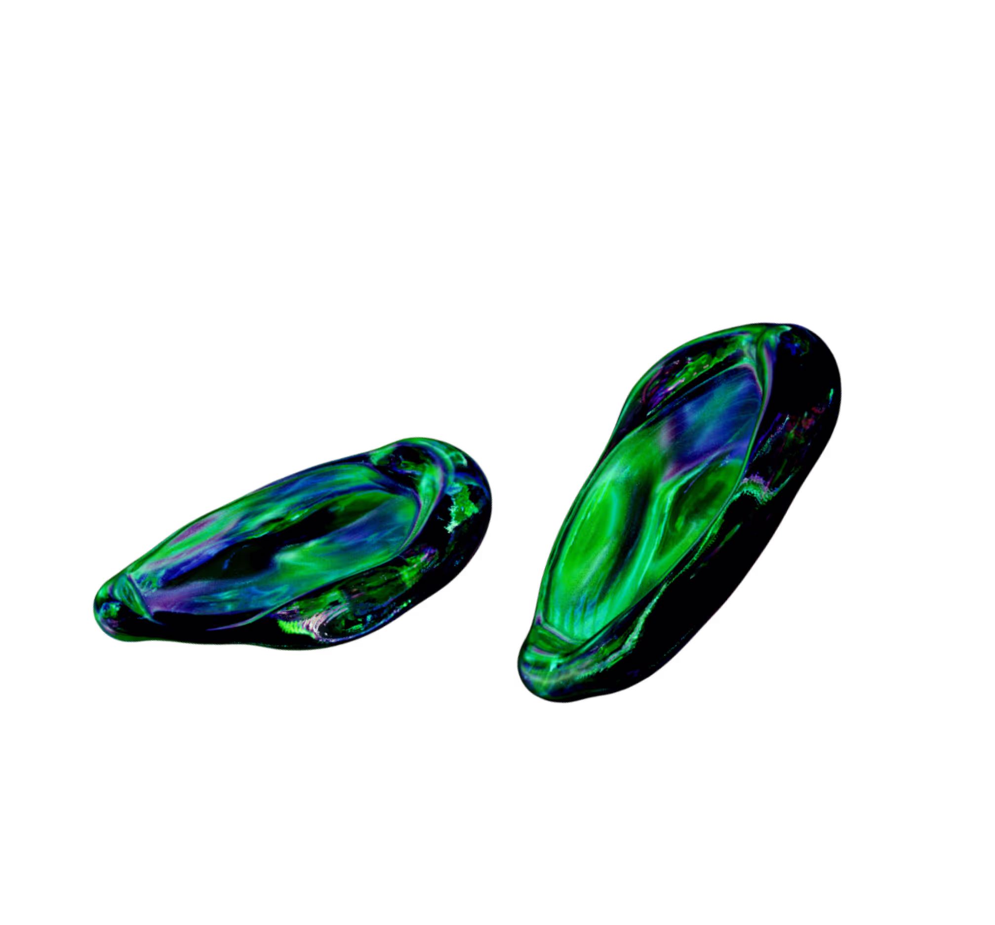 Two iridescent green and blue cells on a black background.