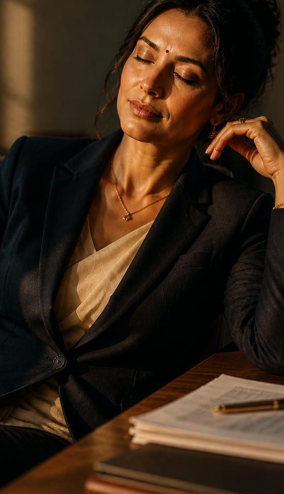 An executive slumped at her desk late in the day