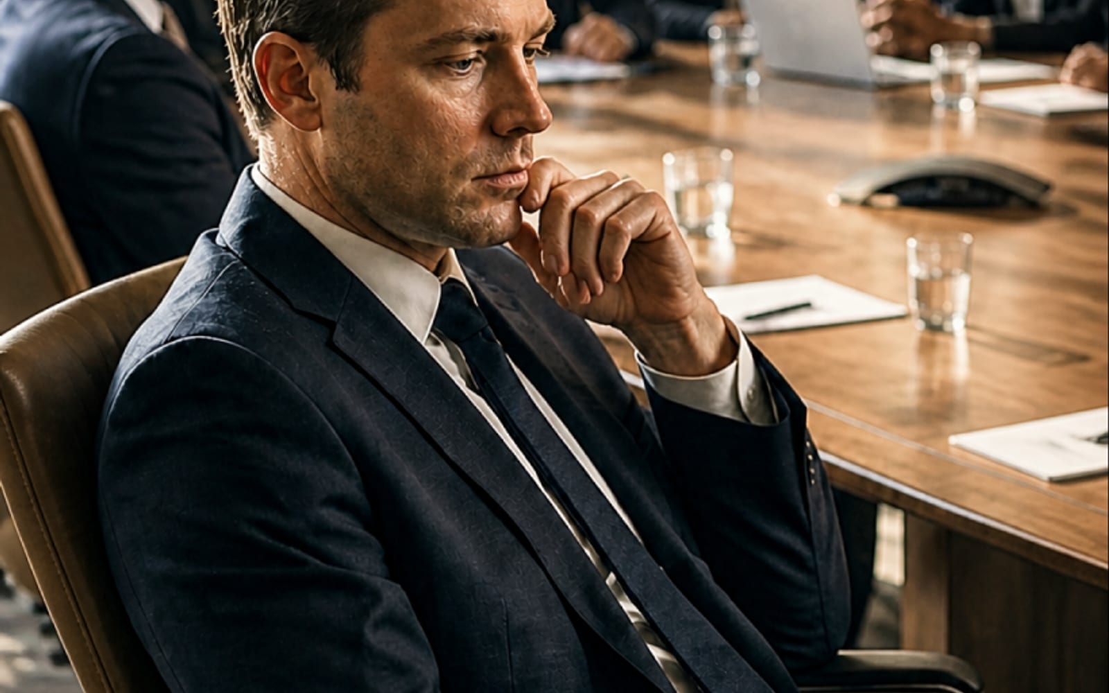An executive sitting through a boardroom meeting, distracted