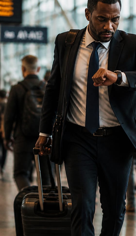 An executive checking his watch while travelling through an airport