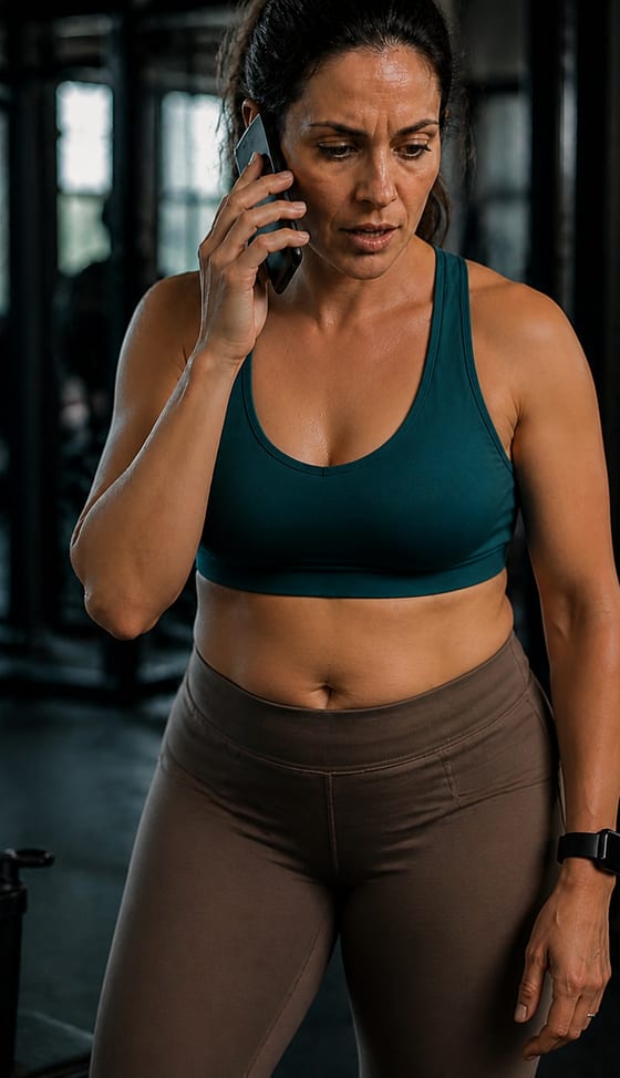 A woman taking a work call in the gym