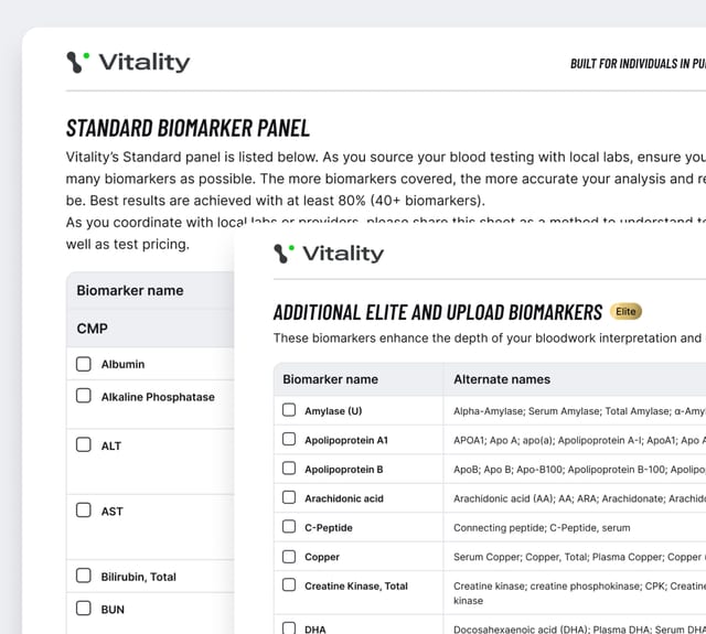 The Vitality standard biomarker panel selection screen