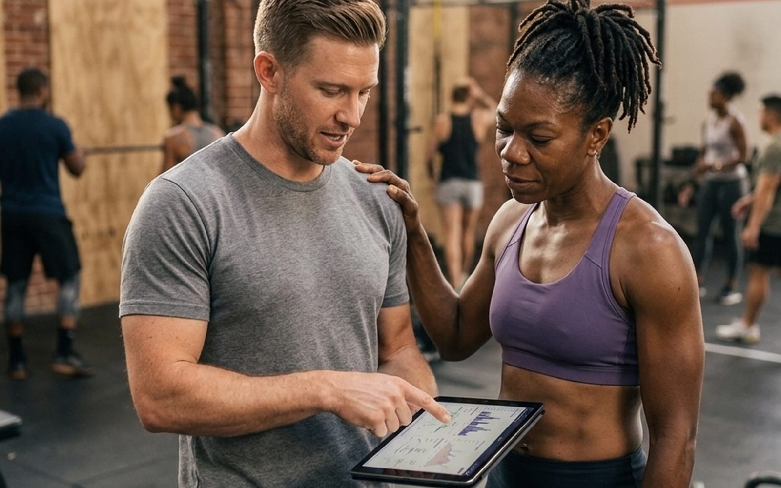 A coach talking a member through her results on the gym floor