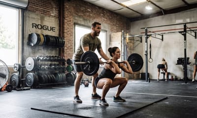 A coach spotting a lifter through a barbell squat in a gym