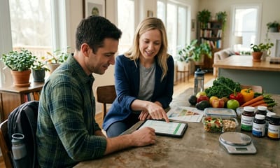 A dietitian reviewing a plan with a client at a kitchen counter