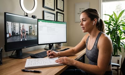 A coach reviewing client data at a desk during a video call