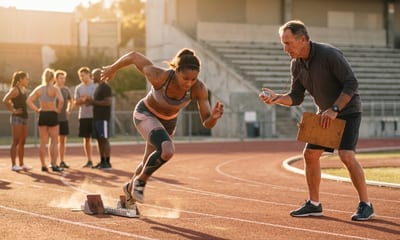 A coach timing sprinters starting a race on an outdoor track