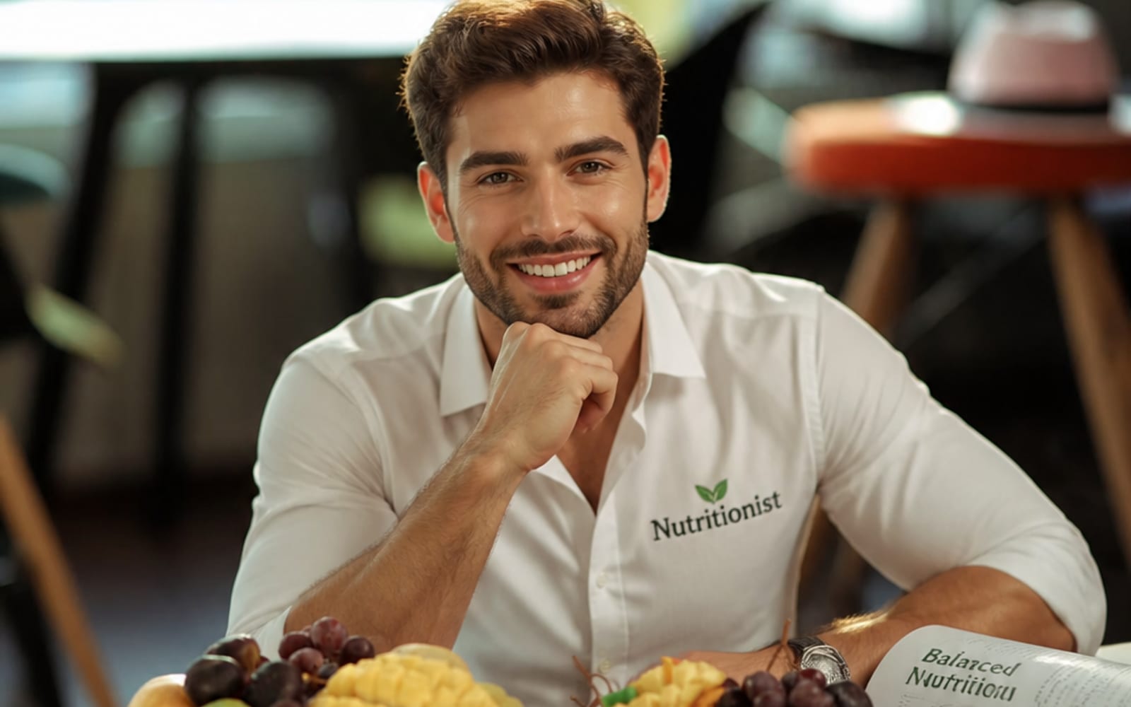 A nutritionist at a table set with fruit