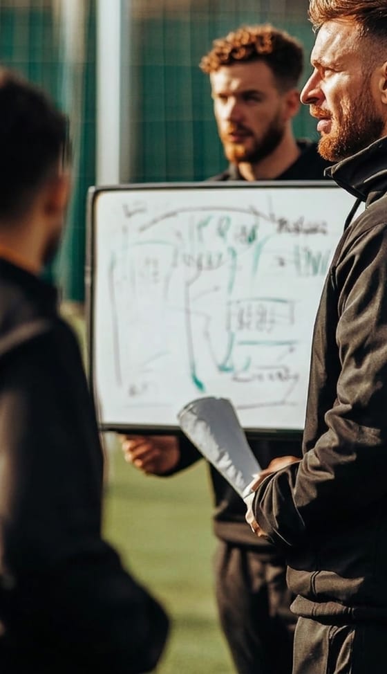 A coach briefing players at a tactics board